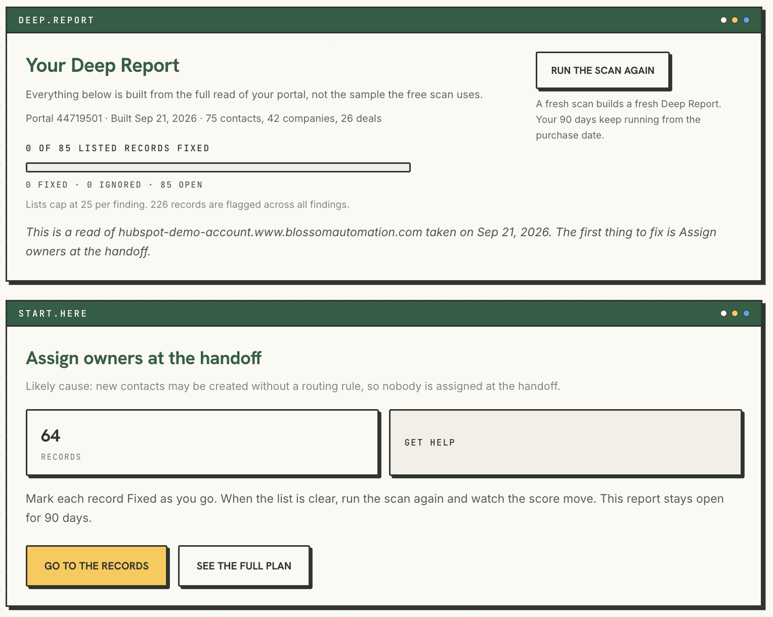 Deep Report sample: Your Deep Report summary and the first ranked fix, Assign owners at the handoff, 64 records.